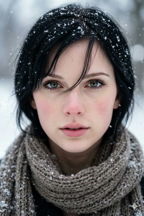 漫天飞雪中绝美迷人的超写实冬日人像 - AI图片提示词示例