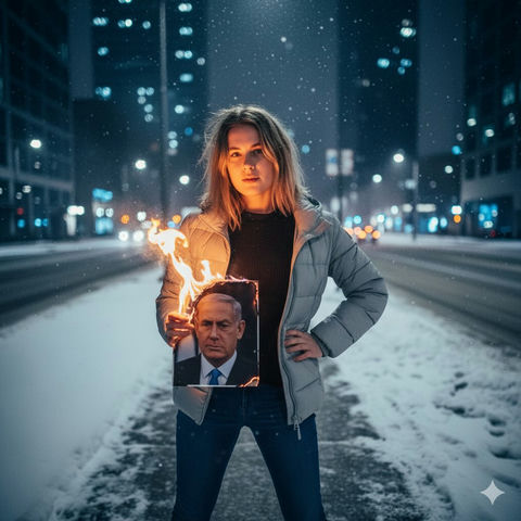 冰雪街头借燃烧照片点烟的叛逆少女 - AI图片提示词示例