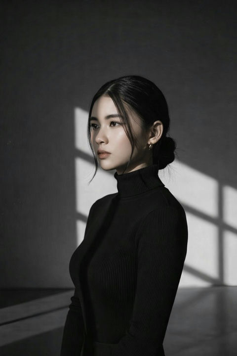 几何光影下的黑白高领毛衣冷艳少女 - AI图片提示词示例