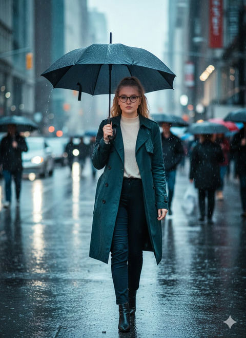 熙攘雨街上撑伞前行的优雅丽影 - AI图片提示词示例