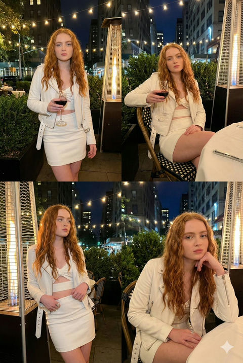 夜色迷离高档露台白衣女郎微醺写真 - AI图片提示词示例