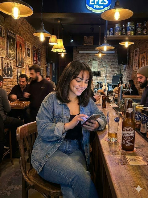 暖光复古酒吧里的牛仔外套少女 - AI图片提示词示例