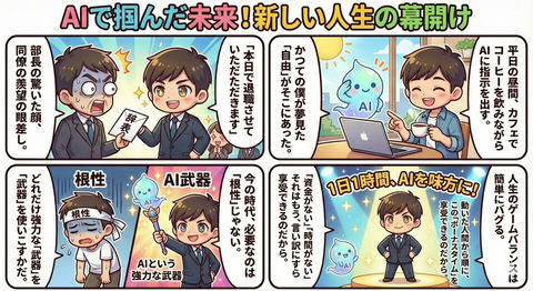 波普可爱风社畜逆袭四格漫画 - AI图片提示词示例