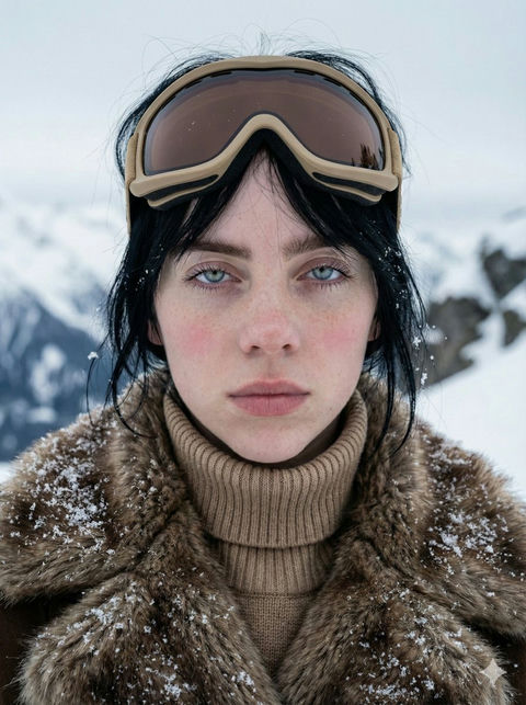 冰雪中水晶蓝眼眸的北欧少女特写 - AI图片提示词示例