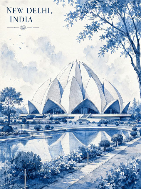 极简复古单色水彩新德里莲花寺插画 - AI图片提示词示例