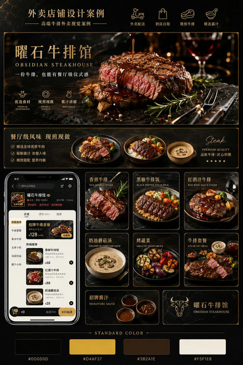暗色高质感餐饮外卖品牌视觉提案 - AI图片提示词示例