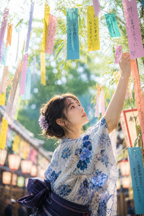 七夕清晨神社浴衣少女祈愿 - AI图片提示词示例