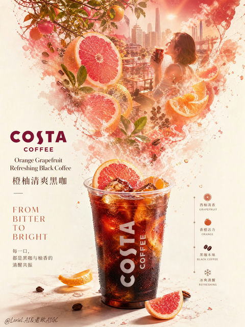 COSTA橙柚清爽黑咖叙事海报 - AI图片提示词示例