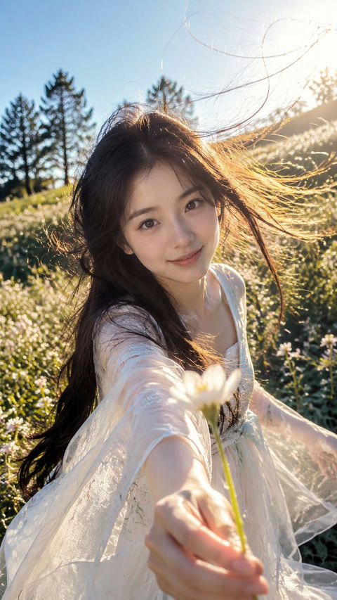 POV阳光献花少女写实摄影 - AI图片提示词示例