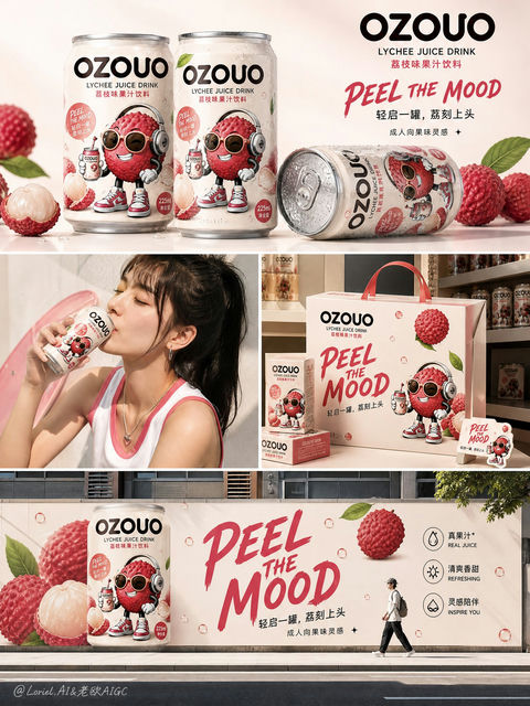 OZOUO荔枝果饮品牌营销全场景视觉海报 - AI图片提示词示例