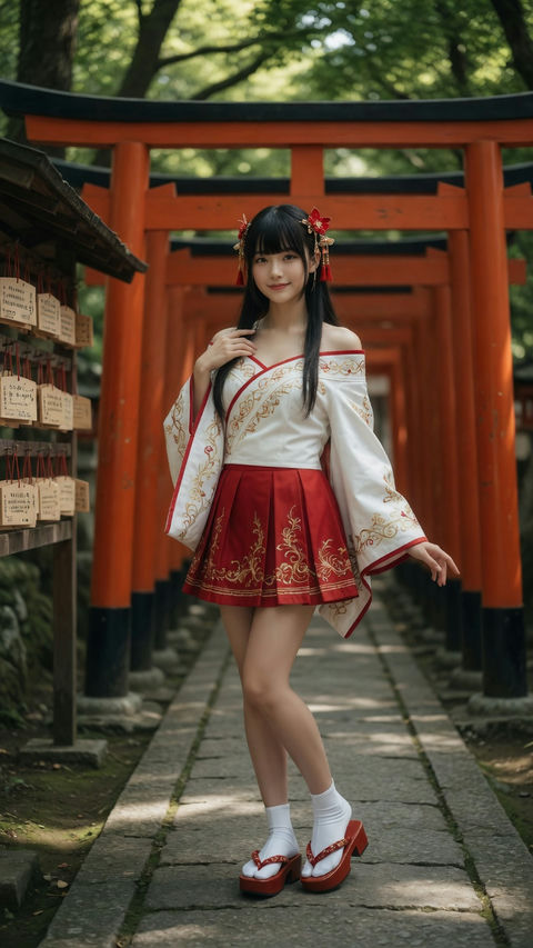 现代巫女服东亚美女和风神社写真 - AI图片提示词示例