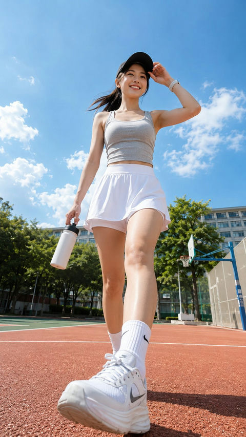 超高清校园仰拍东亚女大生写真 - AI图片提示词示例