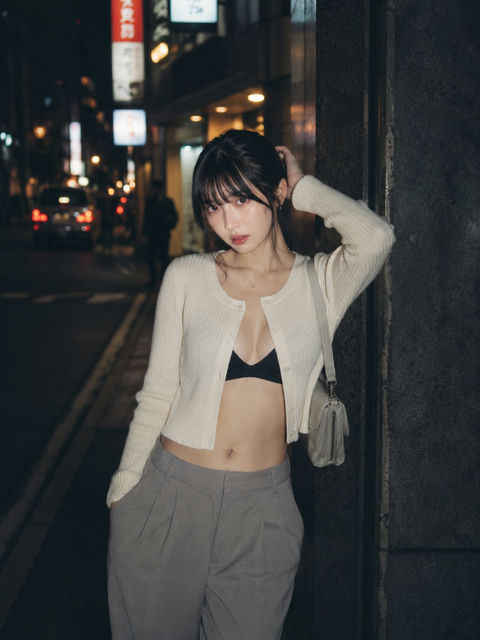 夜巷街头成熟日系女性人像 - AI图片提示词示例