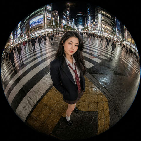 鱼眼镜头下日本街头穿校服的年轻女性 - AI图片提示词示例