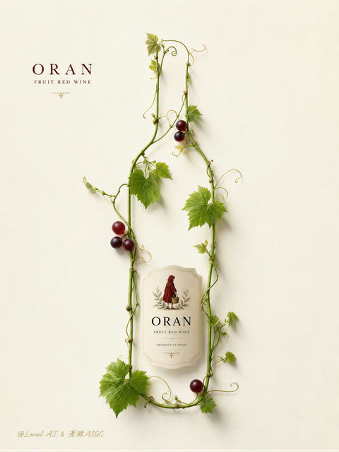 Oran西班牙水果红酒极简植物酒瓶海报 - AI图片提示词示例