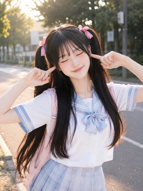 动漫风户外双马尾美少女金黄时刻 - AI图片提示词示例