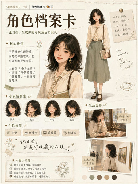 精致手绘风格人物角色档案设定页 - AI图片提示词示例