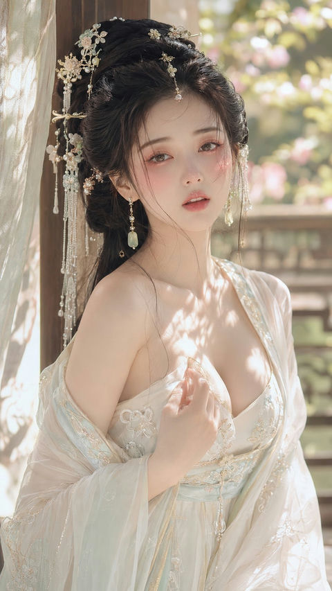 古风贵女花影水光妆容人像特写 - AI图片提示词示例