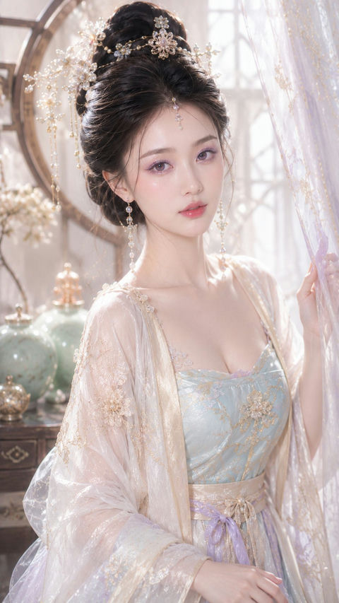 东方古风贵女梦幻水光妆写真 - AI图片提示词示例