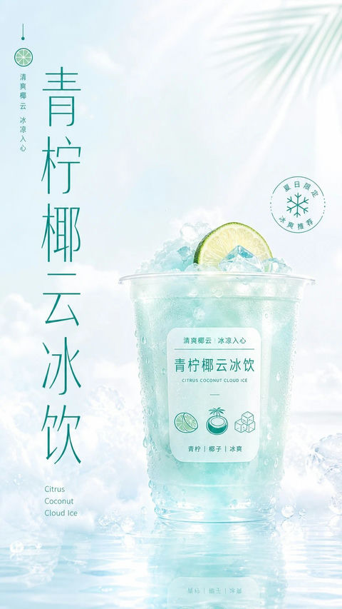 青柠椰云冰饮夏日清爽视觉图 - AI图片提示词示例