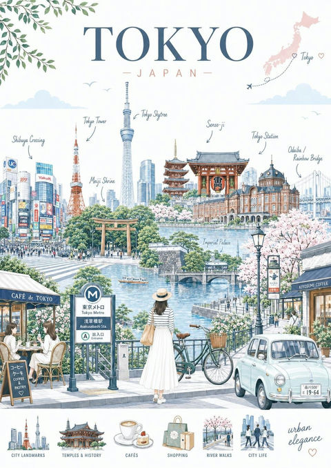 高级现代社论风格扁平矢量旅游插画 - AI图片提示词示例