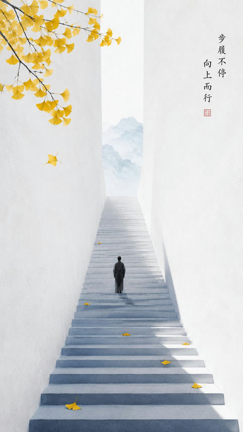东方禅意极简秋日银杏阶梯海报 - AI图片提示词示例
