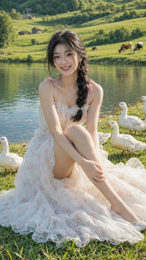 超写实东亚女性湖畔喂鸭子夏季时尚人像 - AI图片提示词示例