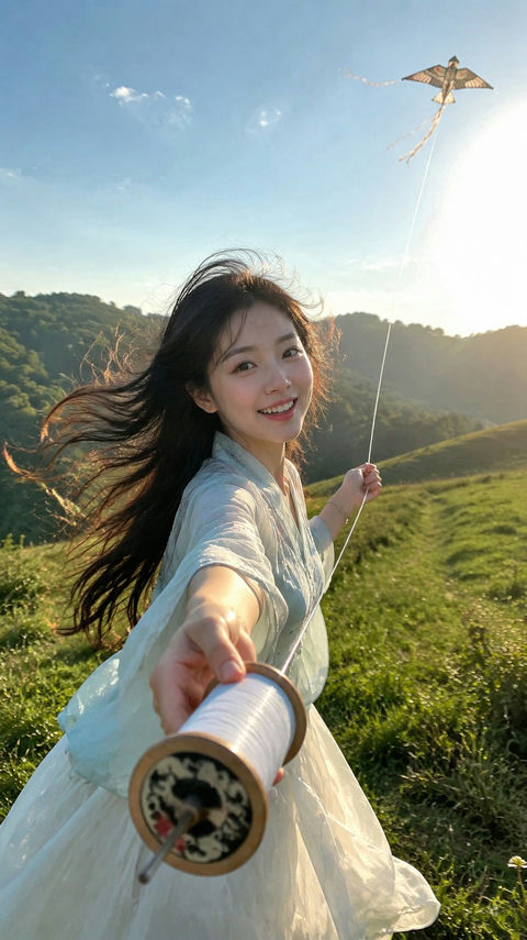 夏日放风筝新中式少女POV超写实人像 - AI图片提示词示例