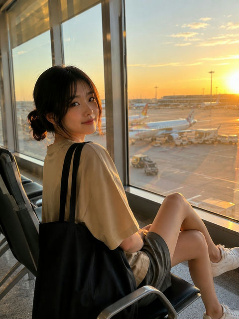 机场落地窗前的韩国美女纪实摄影 - AI图片提示词示例