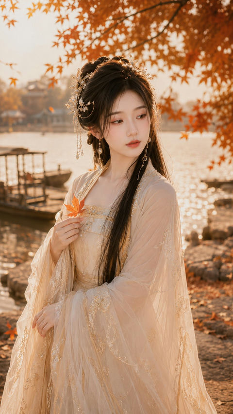 唐风仙侠秋日江边温婉写真 - AI图片提示词示例