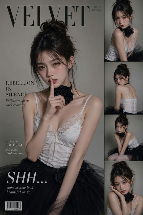 暗黑少女感芭蕾风时尚杂志封面人像 - AI图片提示词示例