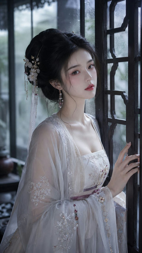 古风贵女冷感水光美妆写真雨后江南 - AI图片提示词示例