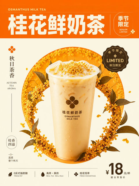 现代极简视觉张力桂花鲜奶茶海报 - AI图片提示词示例