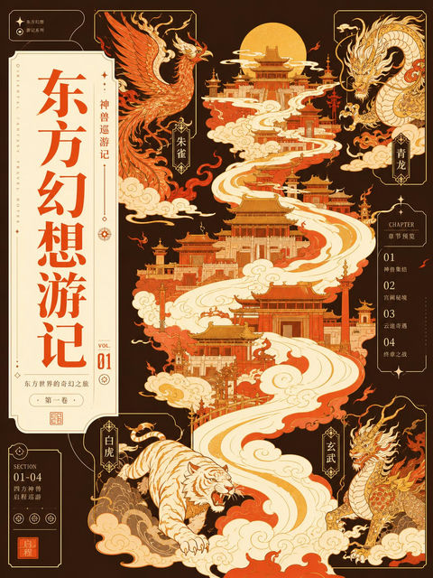 东方幻想游记封面现代平面排版设计 - AI图片提示词示例