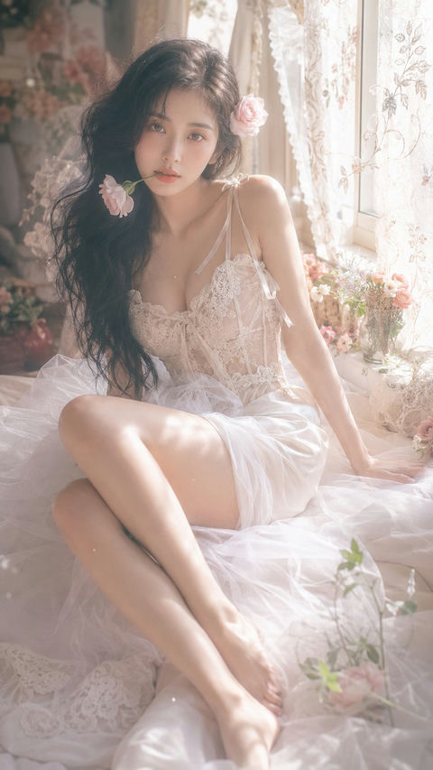 梦幻复古窗边东亚女性人像写真 - AI图片提示词示例