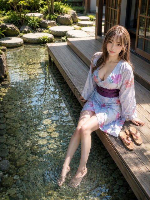夏日庭院缘廊少女戏水实写肖像 - AI图片提示词示例