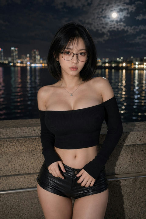 韩国时尚摄影夜景码头写实人像 - AI图片提示词示例