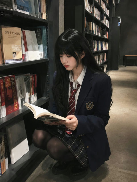 书店校服东亚美女手机实拍 - AI图片提示词示例