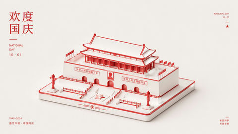 3D微缩极简红白国庆建筑海报 - AI图片提示词示例