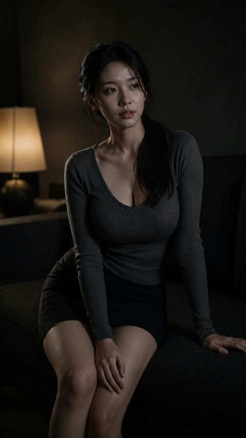 电影感黑灰调低照度东方女性人像摄影 - AI图片提示词示例