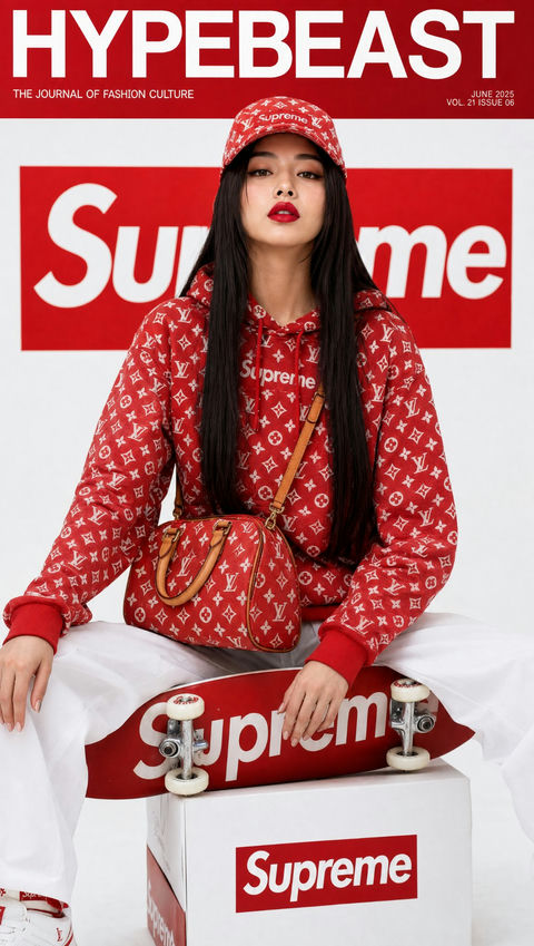 潮流奢华韩裔女性 Supreme LV 杂志封面 - AI图片提示词示例