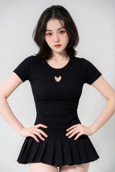 黑色镂空上衣与百褶裙东亚美女影棚写真 - AI图片提示词示例
