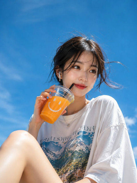 夏日天空下喝橙汁的东亚女性写实肖像 - AI图片提示词示例