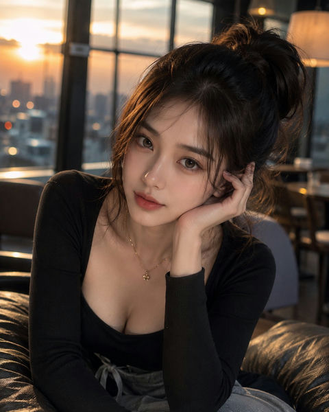 黄金时刻窗边东亚女性超写实人像 - AI图片提示词示例