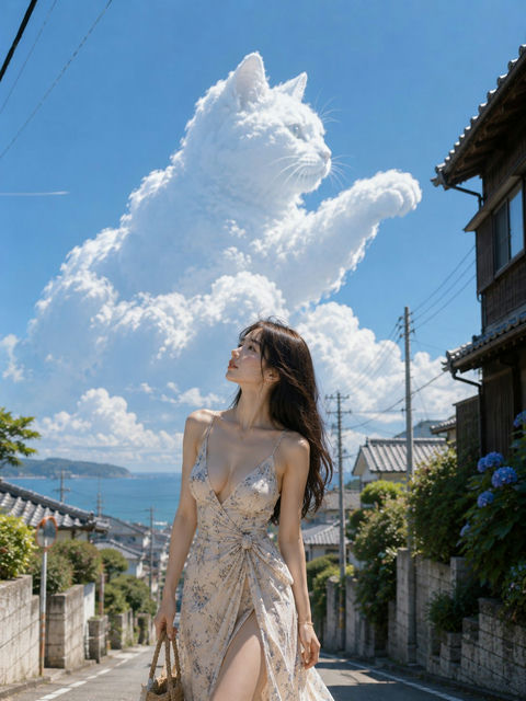 盛夏海边坡道上的猫形积雨云与女子 - AI图片提示词示例
