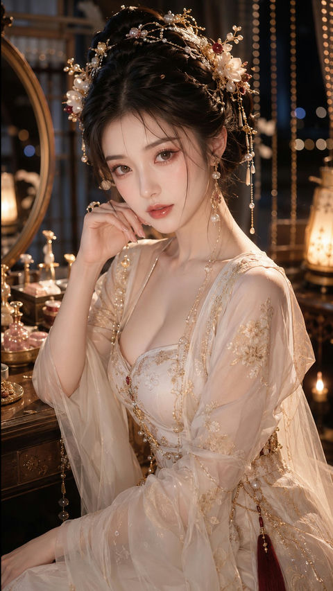 古风贵女夜灯水光美妆人像特写 - AI图片提示词示例