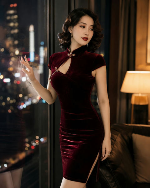 绝美东亚女性酒红色丝绒旗袍都市夜景 - AI图片提示词示例