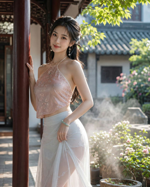 新中式庭院粉色真丝肚兜女性写实写真 - AI图片提示词示例