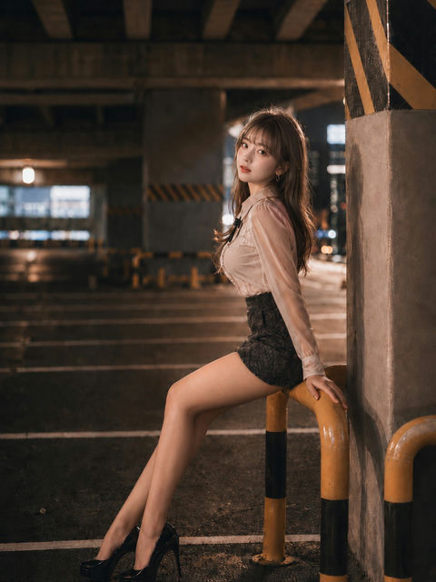 指尖残留的夜晚立体停车场时尚人像 - AI图片提示词示例
