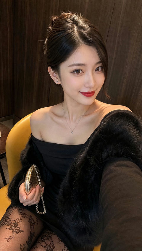 26岁东亚美女黑裙毛皮披肩人像 - AI图片提示词示例